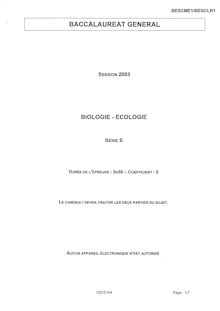 Biologie - Ecologie 2003 Scientifique Baccalauréat général