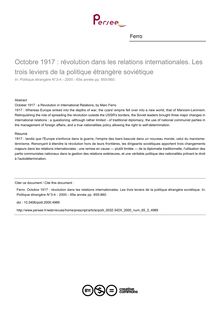 Octobre 1917 : révolution dans les relations internationales. Les trois leviers de la politique étrangère soviétique - article ; n°3 ; vol.65, pg 855-860