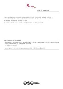 The territorial reform of the Russian Empire, 1775-1796. I. Central Russia, 1775-1784 - article ; n°2 ; vol.23, pg 147-185