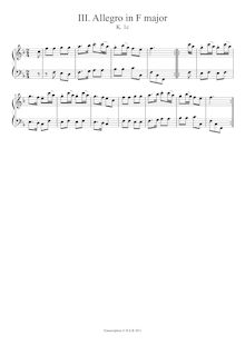Partition Allegro en F major, K.1c, Nannerl s Music Book, Mozart, Wolfgang Amadeus