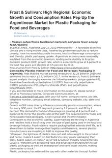 Frost & Sullivan: High Regional Economic Growth and Consumption Rates Pep Up the Argentinean Market for Plastic Packaging for Food and Beverages