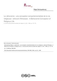 Le Jéhovisme : une conception comportementaliste de la vie religieuse / Jehova s Witnesses : A Behaviorist Conception of Religious Life. - article ; n°1 ; vol.62, pg 161-176