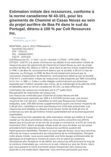 Estimation initiale des ressources, conforme à la norme canadienne NI 43-101, pour les gisements de Chaminé et Casas Novas au sein du projet aurifère de Boa Fé dans le sud du Portugal, détenu à 100 % par Colt Resources Inc.