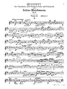 Partition violon 2 , partie, Piano quintette, Op.16, D major, Bleichmann, Julius
