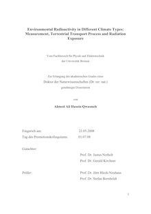 Environmental radioactivity in different climate types [Elektronische Ressource] : measurement, terrestrial transport process and radiation exposure / von Ahmed Ali Husein Qwasmeh