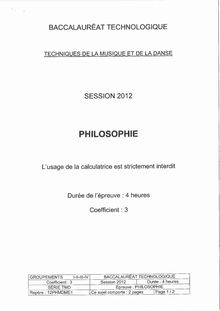 Sujet du bac serie TMD 2012: Philosophie-métropole
