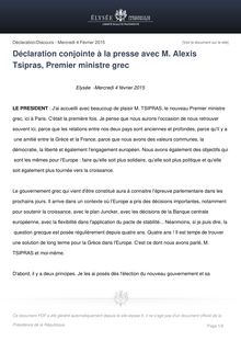 Elysée - Discours de François Hollande et du Premier ministre grec, Alexis Tsipras 