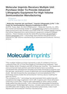 Molecular Imprints Receives Multiple Unit Purchase Order To Provide Advanced Lithography Equipment For High Volume Semiconductor Manufacturing