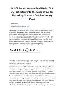 CUI Global Announces Retail Sale of its VE Technology® to The Linde Group for Use in Liquid Natural Gas Processing Plant