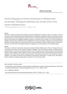 Seuils biologiques et limites climatiques en Méditerranée occidentale / Biological thresholds and climatic limits in the western Mediterranean - article ; n°1 ; vol.73, pg 33-43