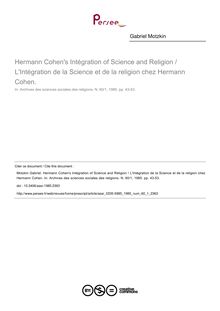 Hermann Cohen s Intégration of Science and Religion / L Intégration de la Science et de la religion chez Hermann Cohen. - article ; n°1 ; vol.60, pg 43-53
