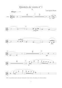 Partition hautbois, Quinteto de viento No.1, Marín García, Luis Ignacio par Luis Ignacio Marín García