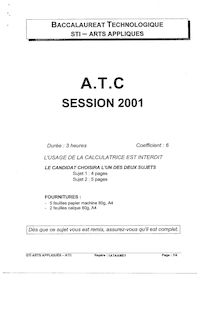 Baccalaureat 2001 arts techniques et civilisations s.t.i (arts appliques)