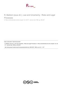 R. Baldwin (sous dir.), Law and Uncertainty : Risks and Legal Processes - note biblio ; n°1 ; vol.50, pg 255-257