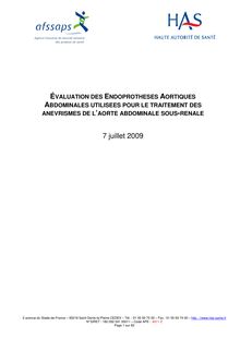Evaluation des Endoprothèses Aortiques Abdominales utilisées pour le traitement des anévrismes de l’aorte abdominale sous-rénale - Evaluation des endoprothèses aortiques abdominales - Rapport 2009