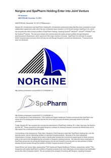 Norgine and SpePharm Holding Enter Into Joint Venture
