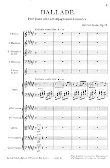Partition Complete Orchestral Score, Ballade, Op.19, Fauré, Gabriel