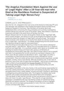 The Angelus Foundation Warn Against the use of  Legal Highs  After a 19-Year-old man who Died at the RockNess Festival is Suspected of Taking Legal High  Benzo Fury 