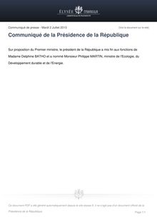 Fin des fonctions de Delphine BATHO : Communiqué officiel de la Présidence de la République