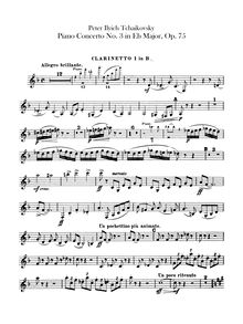 Partition clarinette 1, 2 (B♭), Piano Concerto No.3, E♭ major, Tchaikovsky, Pyotr
