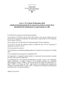 Autorité de la concurrence : Avis n° 13-A-24 du 19 décembre 2013 relatif au fonctionnement de la concurrence dans le secteur de la distribution du médicament à usage humain en ville