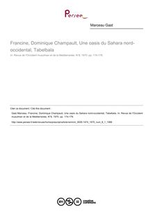 Francine, Dominique Champault, Une oasis du Sahara nord-occidental, Tabelbala  ; n°1 ; vol.8, pg 174-178