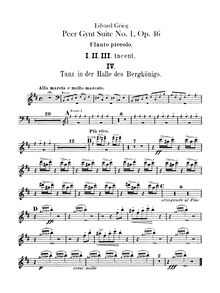 Partition Piccolo, flûte 1, 2, Peer Gynt  No.1, Op.46, Grieg, Edvard