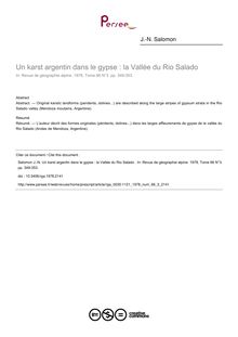 Un karst argentin dans le gypse : la Vallée du Rio Salado  - article ; n°3 ; vol.66, pg 349-353