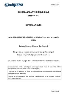 Sujet Bac STD2A 2017 - Mathématiques