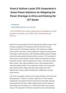 Frost & Sullivan Lauds ZTE Corporation s Green Power Solutions for Mitigating the Power Shortage in Africa and Stoking the ICT Sector