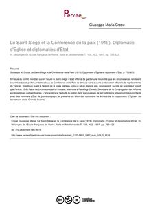 Le Saint-Siège et la Conférence de la paix (1919). Diplomatie d Église et diplomaties d État - article ; n°2 ; vol.109, pg 793-823