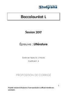 Corrigé Bac L 2017 - Littérature