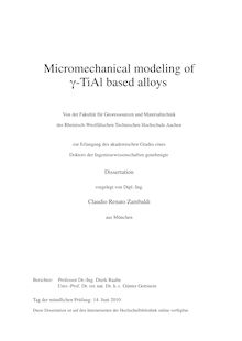 Micromechanical modeling of gamma-TiAl based alloys [Elektronische Ressource] / Claudio Renato Zambaldi