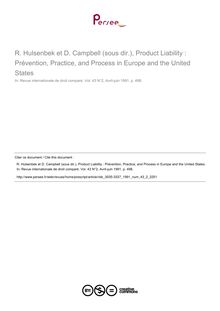 R. Hulsenbek et D. Campbell (sous dir.), Product Liability : Prévention, Practice, and Process in Europe and the United States - note biblio ; n°2 ; vol.43, pg 498-498
