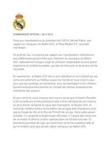 Communiqué du Real Madrid concernant les propos de M. Platini sur CR7