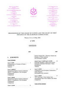 PROCEEDINGS OF THE COURT OF JUSTICE AND THE COURT OF FIRST INSTANCE OF THE EUROPEAN COMMUNITIES. Week of 14 to 18 May 2001 n° 13/01