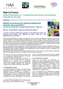 La prévention des erreurs de procédure et de site en chirurgie - Lettre d information High 5s France, n°1, décembre 2010