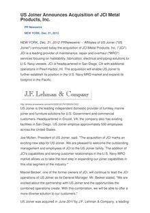 US Joiner Announces Acquisition of JCI Metal Products, Inc.