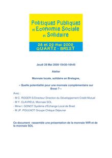 Jeudi 28 Mai 2009 15h30-16h45 Atelier Monnaie locale, solidaire ...