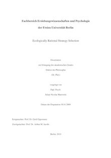 Ecologically rational strategy selection [Elektronische Ressource] / vorgelegt von Julian Nicolas Marewski