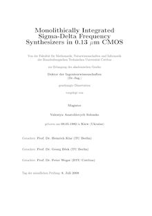 Monolithically integrated sigma delta frequency synthesizers in 0.13 {_m63m [my-m] CMOS [Elektronische Ressource] / vorgelegt von Valentyn Anatoliiovych Solomko