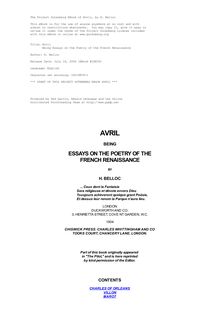 Avril - Being Essays on the Poetry of the French Renaissance