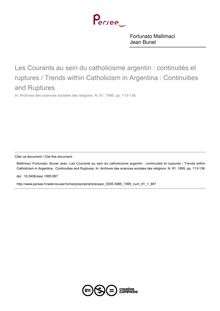Les Courants au sein du catholicisme argentin : continuités et ruptures / Trends within Catholicism in Argentina : Continuities and Ruptures - article ; n°1 ; vol.91, pg 113-136