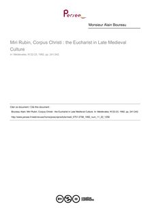 Miri Rubin, Corpus Christi : the Eucharist in Late Medieval Culture  ; n°22 ; vol.11, pg 241-242
