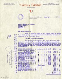 Carta del administrador de la revista “Caras y Caretas” a Miguel de Unamuno. Buenos Aires, 10 de mayo de 1926