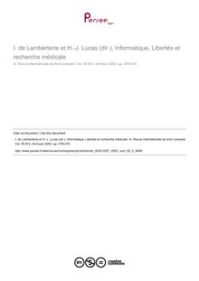 de Lamberterie et H.-J. Lucas (dir.), Informatique, Libertés et recherche médicale - note biblio ; n°2 ; vol.55, pg 478-479