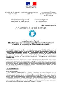 Communiqué de presse - République Française | Investissements d’avenir :  20 millions pour les lauréats de l’appel à manifestations d’intérêt  « Collecte, tri, recyclage et valorisation des déchets »
