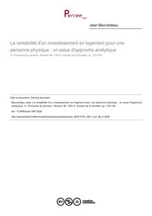 La rentabilité d un investissement en logement pour une personne physique : un essai d approche analytique - article ; n°2 ; vol.98, pg 125-136