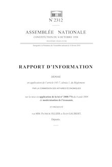 Rapport d'information déposé (...) par la Commission des affaires économiques sur la mise en application de la loi n° 2008-776 du 4 août 2008 de modernisation de l'économie