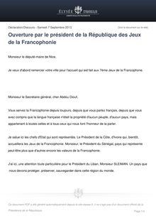 Ouverture par le président de la République François Hollande des Jeux de la Francophonie
